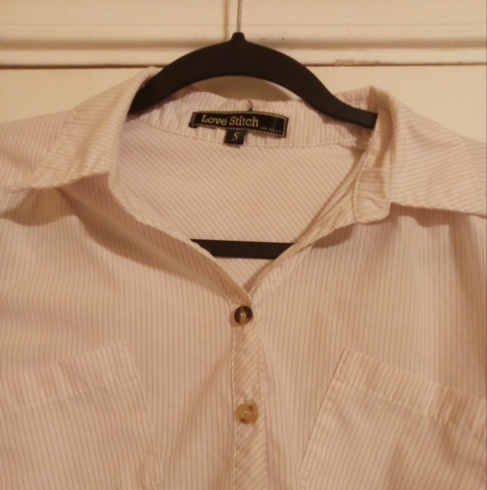 Love Stitch Coastal Grandmother Preppy Roll Tab Sleeved Blouse Size Small - Picture 2 of 5